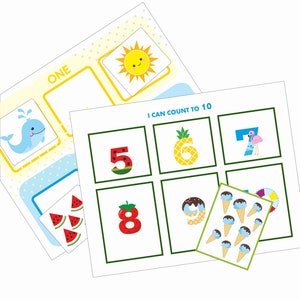May include: A printable learning activity for kids to count to 10. The colorful cards feature numbers 1 through 10 with summer-themed illustrations. The cards are designed to be cut out and used for a variety of learning activities.