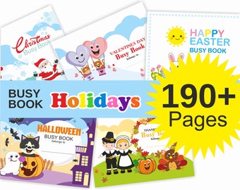 Könnte beinhalten: Ein Set aus sechs farbenfrohen, druckbaren Beschäftigungsbüchern für Kinder mit Feiertagsmotiven wie Weihnachten, Valentinstag, Ostern, Halloween, Thanksgiving und einem generischen "Beschäftigungsbuch"-Cover. Die Bücher haben über 190 Seiten und sind so konzipiert, dass sie für junge Lernende lehrreich und fesselnd sind.