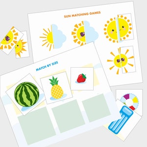 May include: A printable set of matching games for kids featuring a watermelon, pineapple, strawberry, and a pool float. The games are designed to help children learn about size and matching.