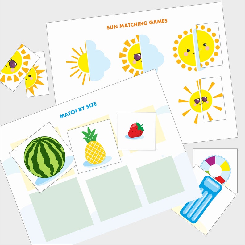 May include: A printable set of matching games for kids featuring a watermelon, pineapple, strawberry, and a pool float. The games are designed to help children learn about size and matching.