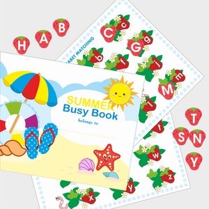 May include: A colorful summer-themed busy book with a smiling sun, beach umbrella, and flip-flops. The book includes alphabet matching activities with strawberries and letters. The text on the cover reads "SUMMER Busy Book belongs to".