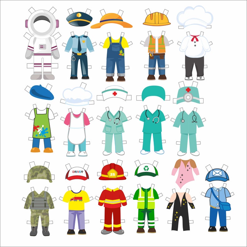 May include: A set of paper dolls with different professions, including an astronaut, police officer, farmer, chef, artist, nurse, doctor, soldier, delivery driver, firefighter, recycling worker, dancer, and mail carrier. Each doll has a different outfit and accessories.