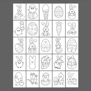 Puede incluir: Una p&aacute;gina para colorear en blanco y negro con 25 ilustraciones con tem&aacute;tica de Pascua. Las ilustraciones incluyen conejos, pollitos, huevos, zanahorias y cestas.
