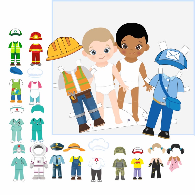 May include: Paper doll set with three dolls and a variety of clothing options. The dolls are a blonde boy, a brown-skinned boy, and a girl with brown hair. The clothing includes a construction worker outfit, a mail carrier outfit, a doctor outfit, a chef outfit, and many more.