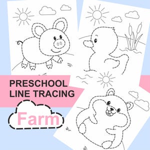 Op de afbeelding: Werkbladen voor kleuters om lijnen te trekken met boerderijdieren: een varken, een eend en een hamster. Elk dier is met stippellijnen omrand. De afbeelding bevat illustraties van zon en wolken, met het woord "Farm" in een wolk.