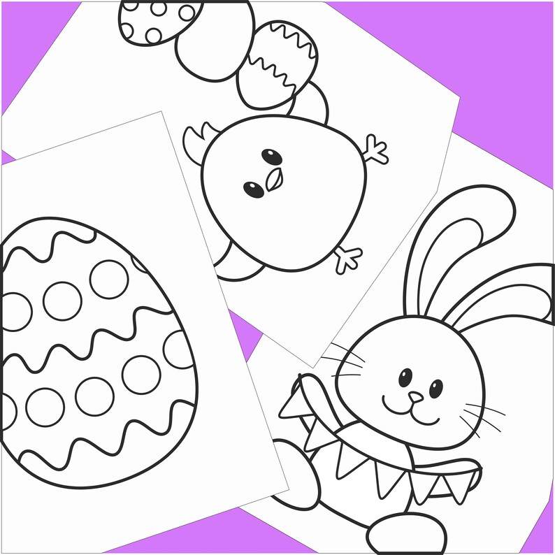 Puede incluir: P&aacute;ginas para colorear en blanco y negro con un huevo de Pascua, un pollito y un conejo. El conejo lleva una guirnalda festiva.