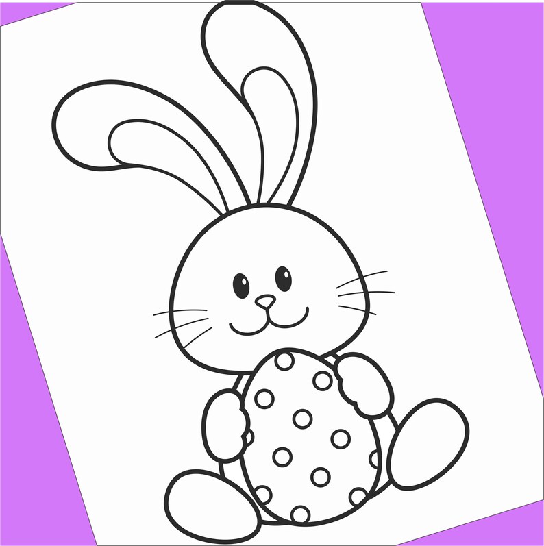 Puede incluir: Un dibujo en blanco y negro de un conejo sosteniendo un huevo de Pascua con lunares.