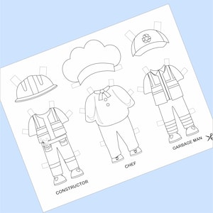 May include: Black and white printable paper doll set with five different outfits: a chef, a construction worker, a garbage man, a baker, and a recycling worker. Each outfit has a separate head, torso, and legs. The paper doll set is labeled with the names of each profession.