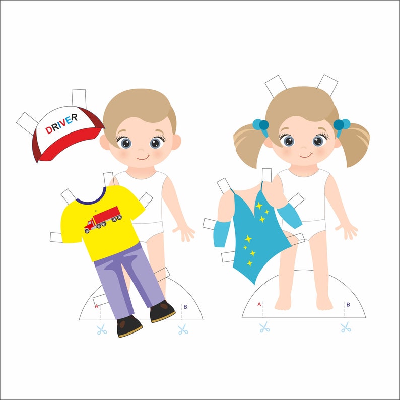 May include: Paper doll set with two figures, a boy and a girl. The boy has a yellow shirt with a red truck, blue pants, and a red and blue cap that says "DRIVER". The girl has a blue leotard with yellow stars and white underwear.