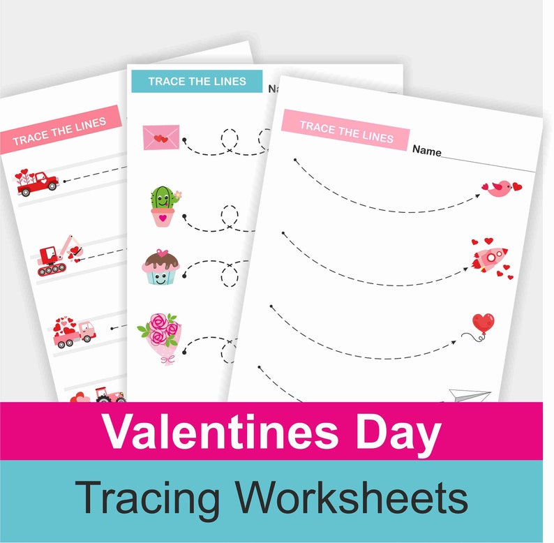 May include: Four printable Valentine's Day tracing worksheets for kids. Each worksheet features a different Valentine's Day theme, such as a truck with hearts, a cactus, a cupcake, a bouquet of roses, a bird, a rocket, a balloon, and a paper airplane. The worksheets are designed to help children practice their fine motor skills and learn to trace lines.