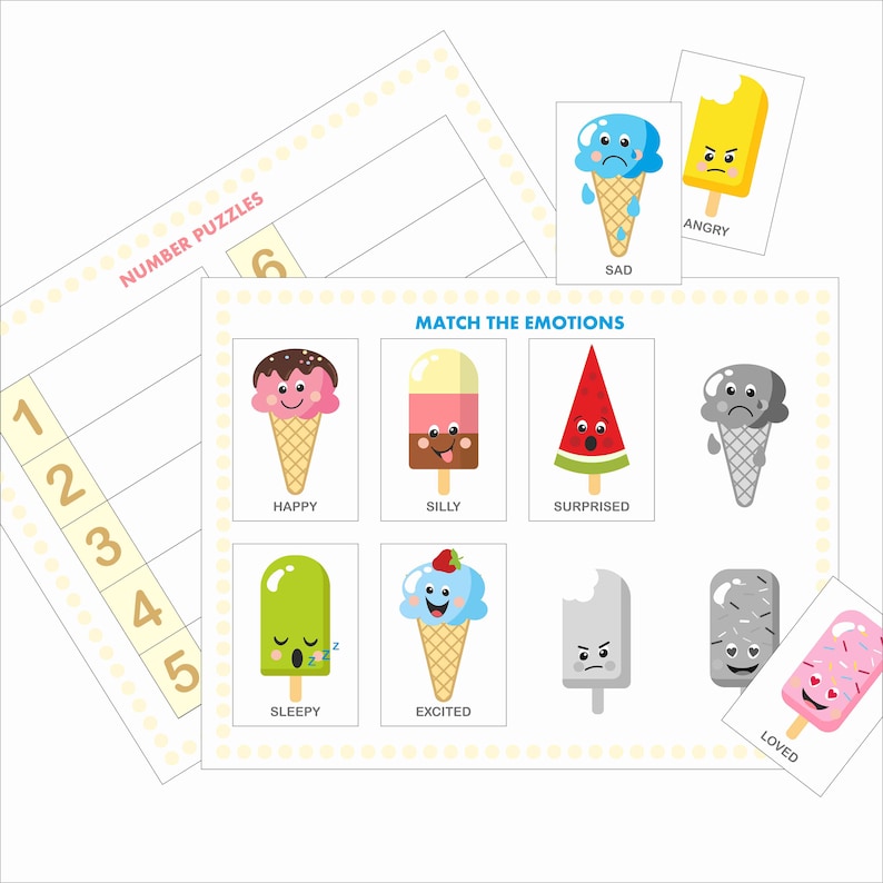 May include: A printable educational activity for kids featuring ice cream and popsicle characters with different facial expressions. The activity asks children to match the emotions of the ice cream characters to the corresponding emotion words: happy, silly, surprised, sleepy, excited, loved, angry, and sad.