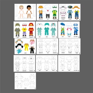 May include: A printable paper doll set featuring different professions, including a soldier, chef, doctor, artist, mail carrier, construction worker, and more. The set includes both colored and black and white versions of the dolls and outfits.