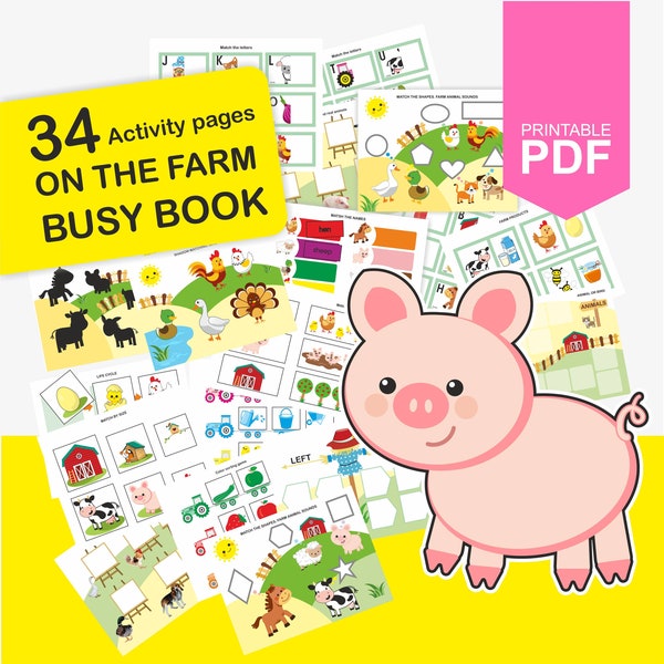 Farm Animals Toddler Busy Book Printable. Learning binder, Homeschool Activity Binder, Early learning pack. Busy Binder, Farm Quiet Workbook