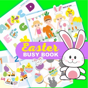 May include: A printable Easter busy book with activities for kids. The book includes an alphabet match, a dress-up game, a matching game, and a counting game. The book features a cute bunny rabbit, chicks, carrots, and eggs.