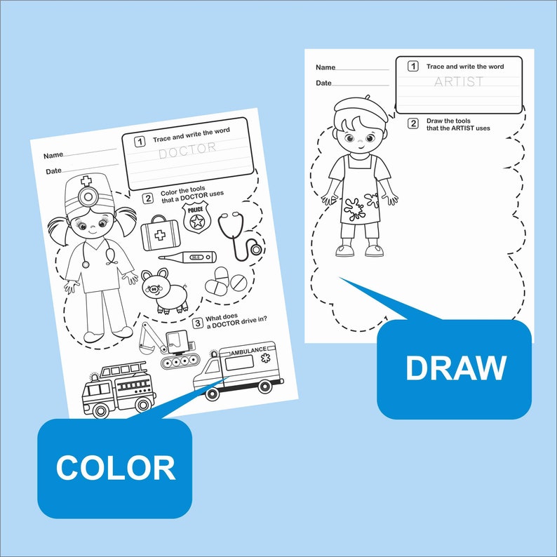 May include: Black and white printable worksheet for kids featuring a doctor and an artist. The worksheet includes tracing and writing activities, coloring, and drawing. The words "DOCTOR" and "ARTIST" are included in the worksheet.
