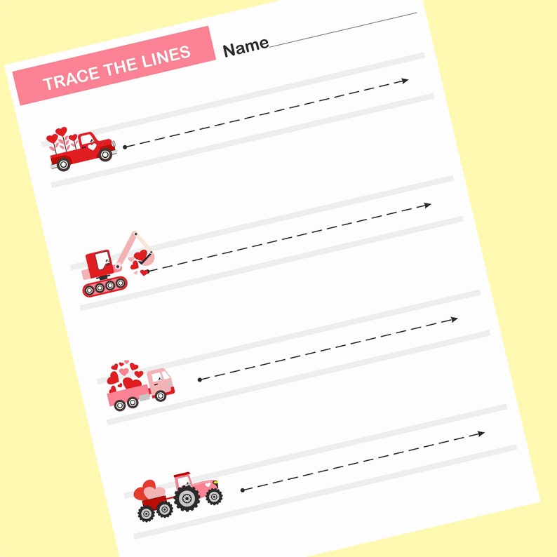 May include: A printable worksheet with the title "TRACE THE LINES" and four lines with arrows at the end. Each line has a different vehicle with hearts on it. The vehicles are a red pickup truck, a pink excavator, a pink dump truck, and a pink tractor.