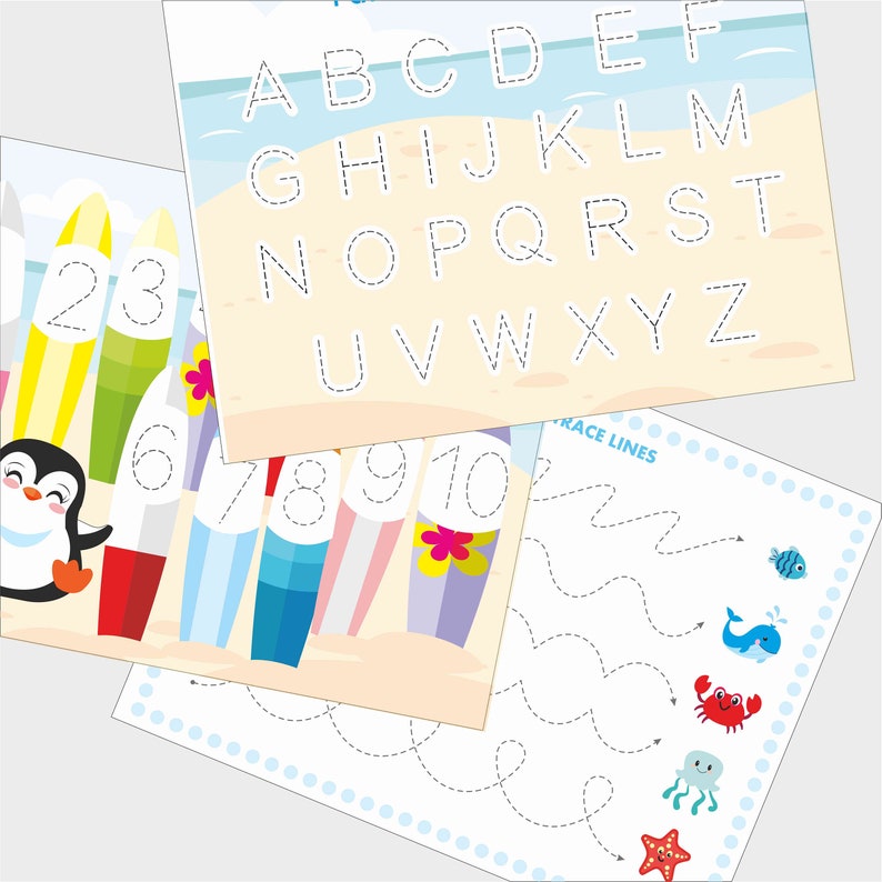 May include: A set of three printable worksheets for kids to practice tracing letters, numbers, and lines. The worksheets feature a beach theme with surfboards, a penguin, and sea creatures.