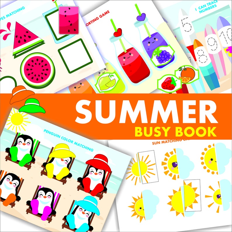 May include: A colorful printable summer busy book for kids with activities like matching, sorting, tracing numbers, and color matching. The book features images of watermelon, juice bottles, penguins, and the sun.