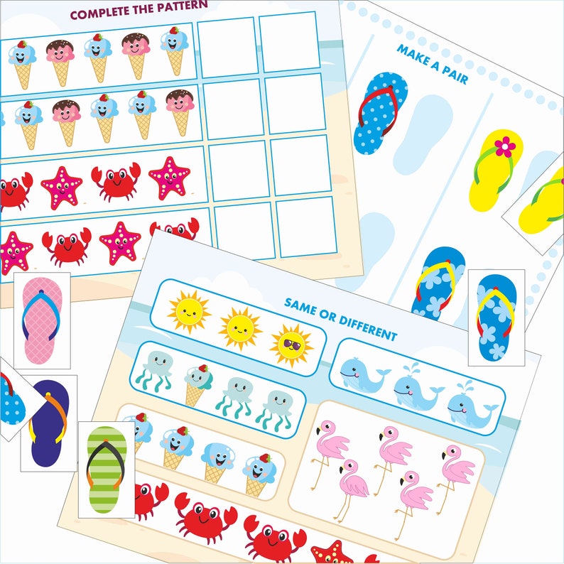 May include: A set of printable summer-themed activity sheets for kids. The sheets feature various activities, including completing patterns, matching pairs, and identifying differences. The activities include images of ice cream cones, crabs, starfish, flip-flops, jellyfish, and flamingos.