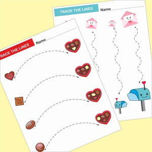 May include: Two printable worksheets for kids to practice tracing lines. The first worksheet features a heart-shaped box of chocolates and the second worksheet features a mailbox with a heart on top. Both worksheets have the text "Trace the Lines" and "Name" at the top.