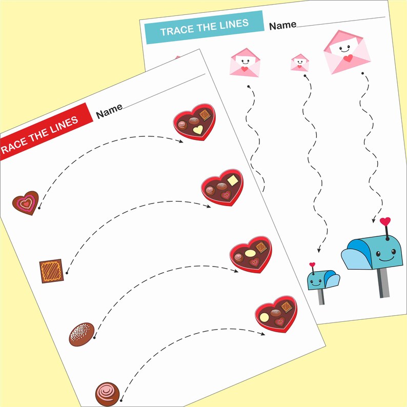 May include: Two printable worksheets for kids to practice tracing lines. The first worksheet features a heart-shaped box of chocolates and the second worksheet features a mailbox with a heart on top. Both worksheets have the text "Trace the Lines" and "Name" at the top.