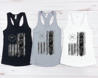 We The People Distressed Slim Fit Racerback Tank Top,  USA Flag 1776 Tank Top,4th Of July Womens Tank Top, Freedom Patriotic Racerback