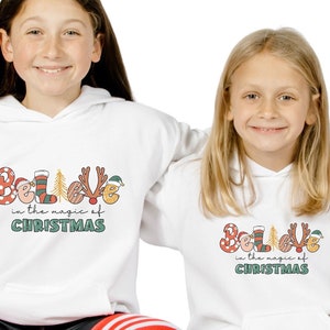Christmas Hoodie Sweatshirt For Kids, Retro Groovy Trendy Youth Xmas Trees, Believe Santa Holiday Shirt Pullover Christmas Outfit Gifts