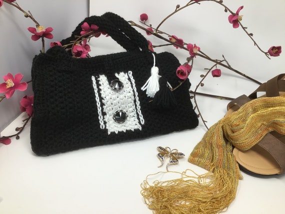 Gabriella Shoulder Bag Black and White Crochet With Vintage 