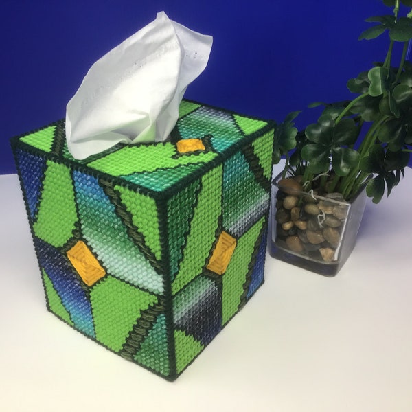Stained glass inspired tissue box topper, shades of green