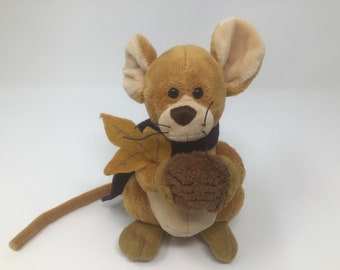 Gund, vintage plush “fields “ mouse, with scarf, leave and snack