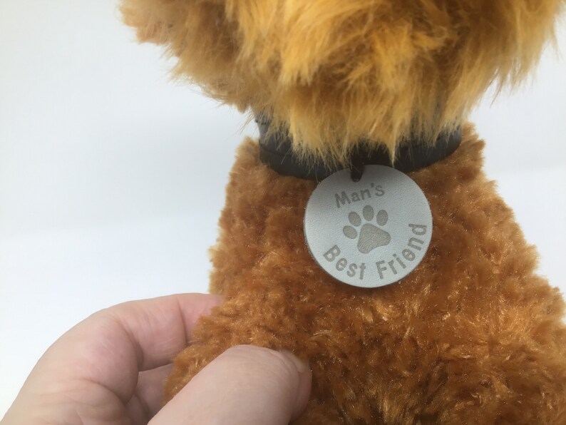 May include: A brown plush toy dog wearing a black collar with a silver tag that reads "Man's Best Friend" with a paw print.