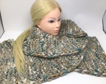 Bulky scarf, knitted, tan-turquoise