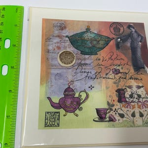 carte de voeux au carré, thème de l'heure du thé anglais nostalgique, enveloppe assortie, non ouverte, détails mignons
