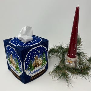 tissue box cover, plastic canvas, winter landscape in snow globe