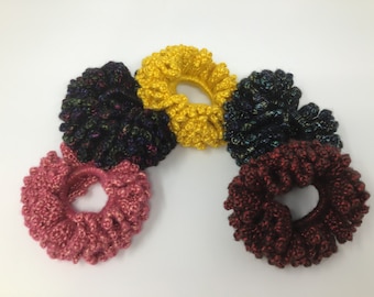 Big, crochet , festive scrunchies, one of each color available. PINK is sold out!