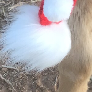 Op de afbeelding: Een pluche witte staart met een rood-witte gebreide band eromheen.