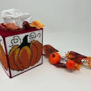 May include: A red tissue box cover with a white pumpkin design and autumn-coloured leaves. The cover is decorated with a white pumpkin with a green stem and orange and brown leaves.
