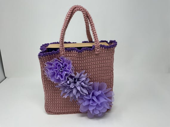 unique gift bag, V2, with 3D fabric flowers, crochet