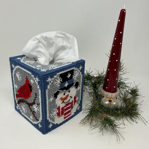 tissue box cover, plastic canvas, snowman, cardinal, chickadee and snowflakes