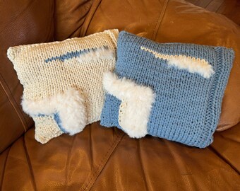 Small, blue and white textured pillow, knitted