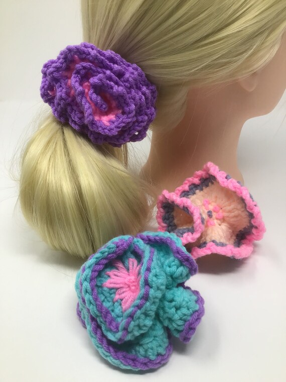 Crochet hairbands, set of two (purple and turquoise), “ fantasy flowers”