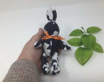 Vintange, blue, white, fabric bunny, with coconut buttons, movable legs and arms