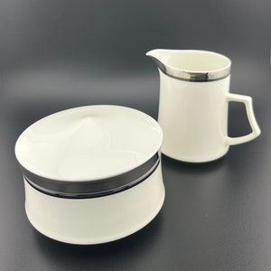 Mikasa Solitude Sugar Bowl and Lid Creamer Set Vintage China Cream Bone Wide Platinum Trim Black Band