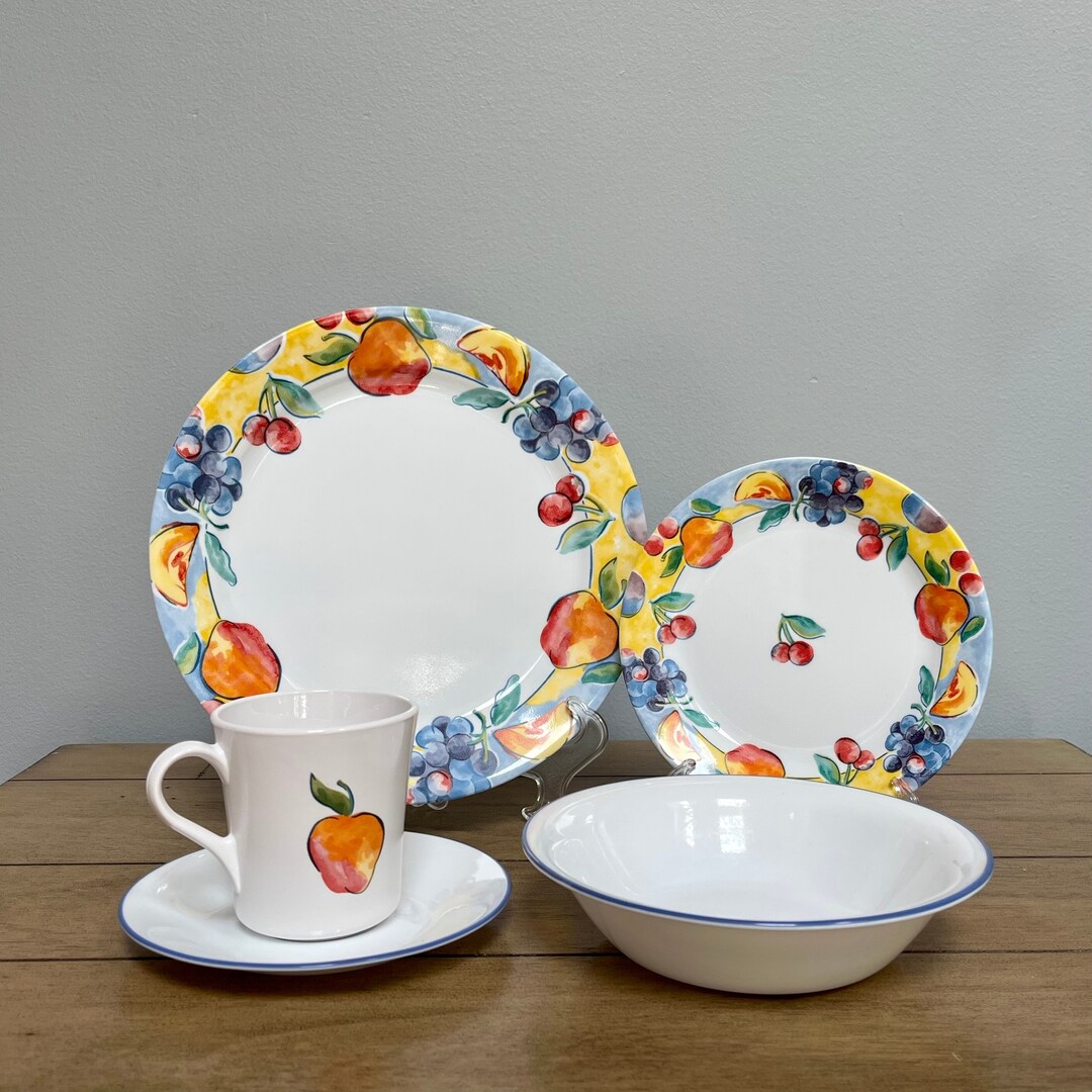 FRUIT BASKET Vintage Corelle Dinner Plate Salad Plate Coffee Cup and Saucer Soup/cereal Bowl