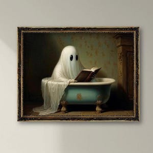 Ghost Painting Reading A Book,  Printable Art Print, Halloween Home Decor, Abstract Cute Ghost Oil Painting, Book Lover Gift, Gift for Book