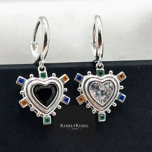 Asymmetric Heart Huggie Earrings: Sterling Silver  Black and Clear CZ Sun Ray Hoops