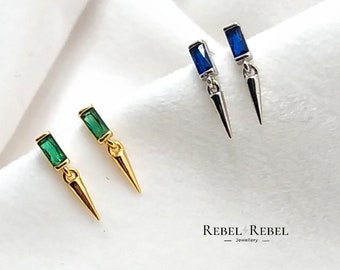 Spike 925 Sterling Silver Stud Earrings, Dainty Green or Blue Crystal Punk Rivet Earrings, Simple Minimalist Geometric Jewellery