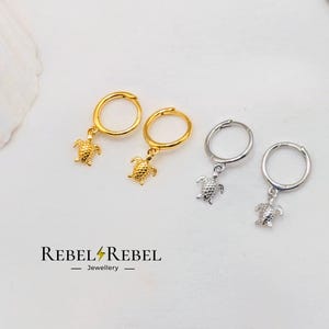 Turtle Sterling Silver Huggie Earrings: 18k Gold Plated Ocean Beach Theme Hoops