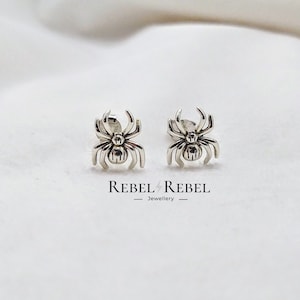 Spider 925 Sterling Silver Studs, Quirky Arachnid Push Back Earrings, Nature Inspired Gothic Halloween Stud Earrings
