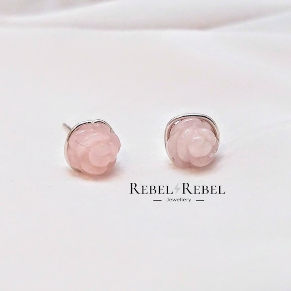 Hand Carved Rose Quartz and 925 Sterling Silver Flower Stud Earrings, Pink Rose Floral Stud Earrings, June Birth Flower Earrings